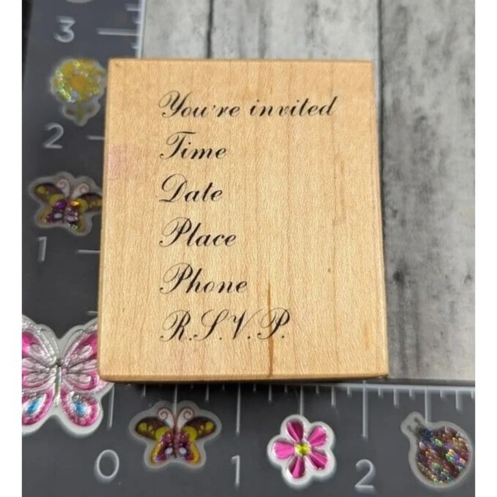 PSX Designs You're Invited RSVP Date Place E438 Rubber Stamp Wood #E100